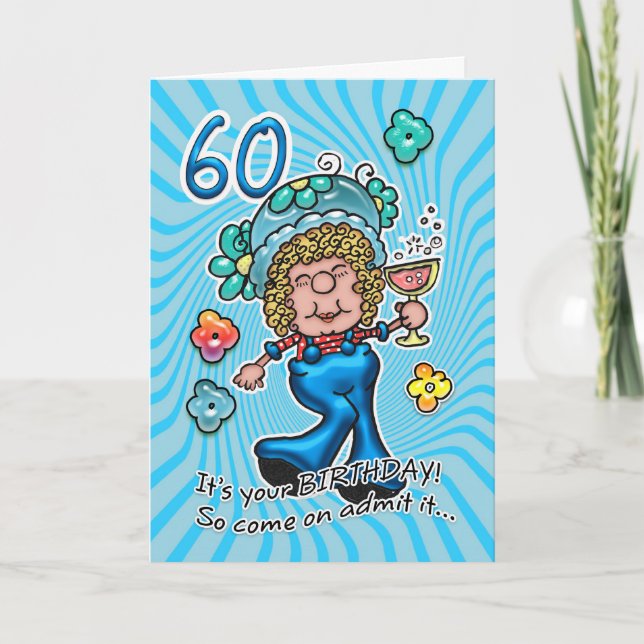 60th Birthday Card - Fun Lady With Glass Of Wine (Front)