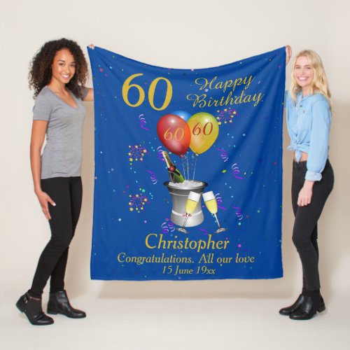 60th Birthday Celebration Blue Fleece Blanket