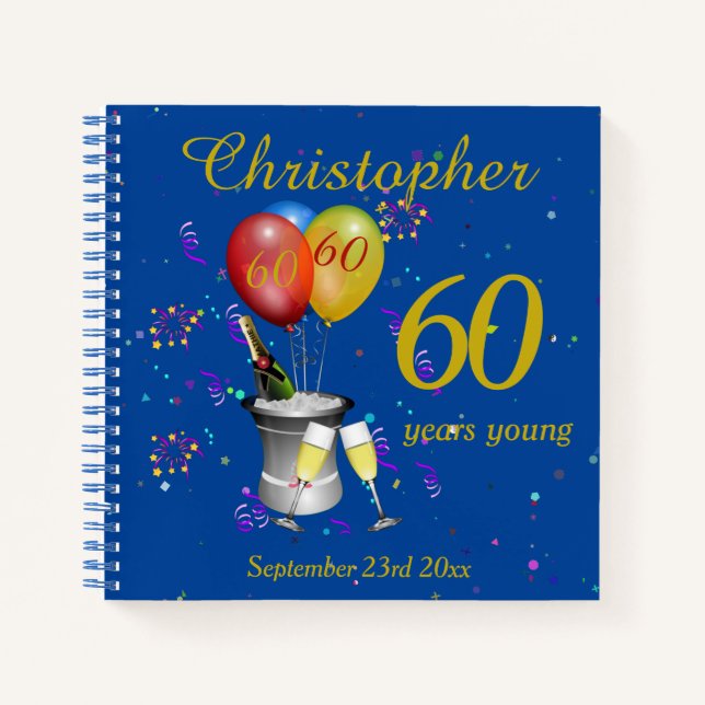 60th Birthday Celebration Blue Party Guest Notebook (Front)