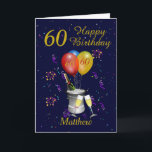 60th Birthday Celebration Navy Gold  Card<br><div class="desc">A stylish Happy birthday 60th age card. This card features a bottle of sparkling wine, an ice bucket glasses, fizz flute glasses, balloons and confetti all on a dark blue / navy background with gold colored text. A lovely card to give to family and friends to congratulate them on their...</div>