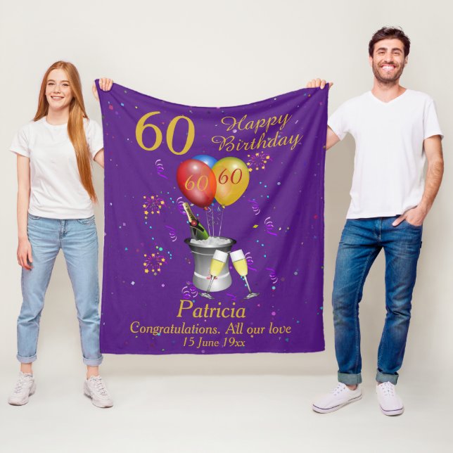 60th Birthday Celebration Purple Fleece Blanket (In Situ)