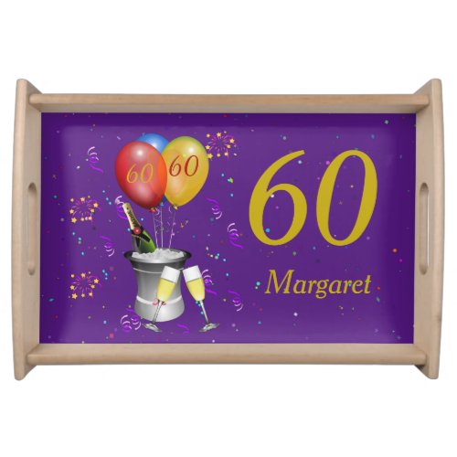 60th Birthday Celebration Sparkling Wine Purple Serving Tray