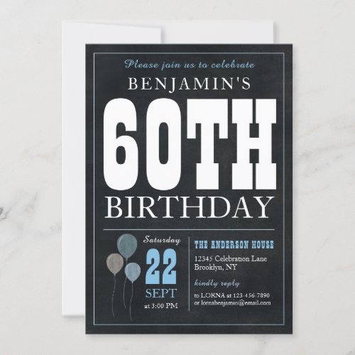 60th Birthday Chalkboard Blue Balloon Rustic Chic Invitation