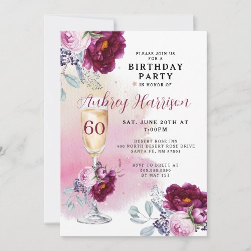 60th Birthday Champagne Glass Floral Birthday   Invitation