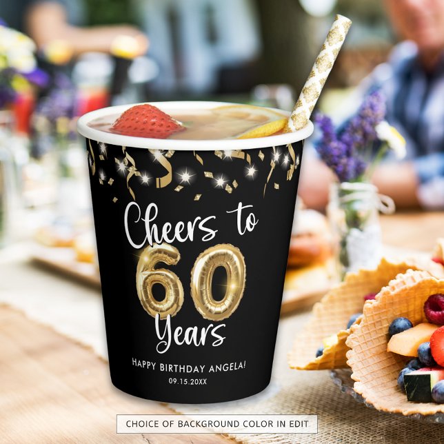 60th Birthday Cheers to 60 Years Black Gold Paper Cups (Creator Uploaded)