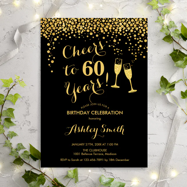 60th Birthday - Cheers To 60 Years Gold Black Invitation | Zazzle