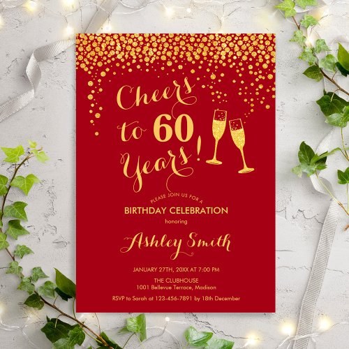 60th Birthday _ Cheers To 60 Years Gold Red Invitation