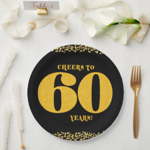 60th Birthday Cheers to 60 Years Sixty Gold Black Paper Plates