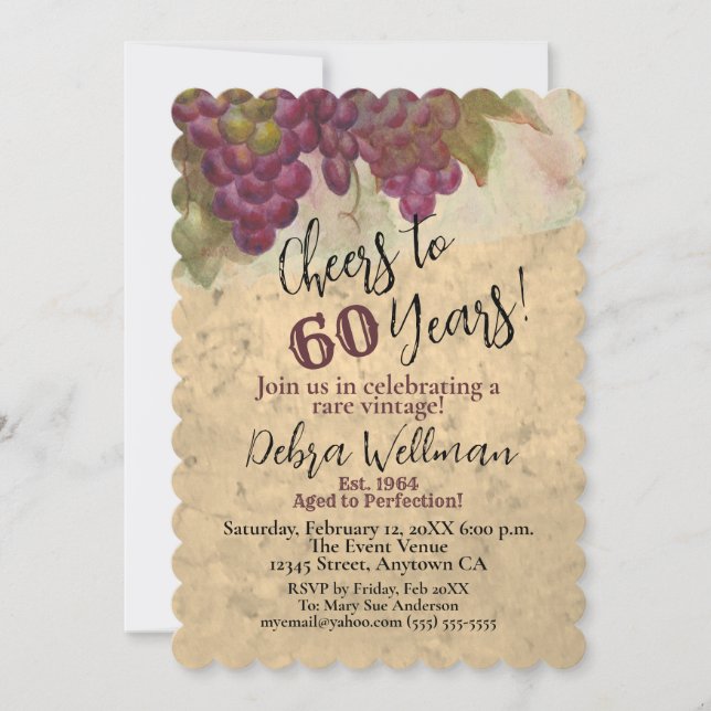 60th Birthday Cheers to 60 Years Wine Themed Invitation (Front)