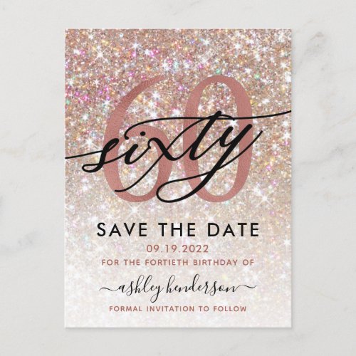 60th Birthday Chic Glitter Ombre Save The Date Postcard