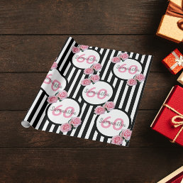 60th birthday chic pink roses black white stripes wrapping paper