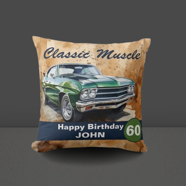 60th Birthday, Classic Muscle Car  Throw Pillow (Celebrate in style with our classic green muscle car illustration! )