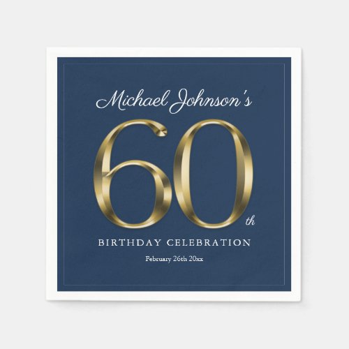 60th Birthday Classic Solid Gold Text Navy Blue Napkins