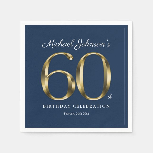 60th Birthday Classic Solid Gold Text Navy Blue Napkins (Front)