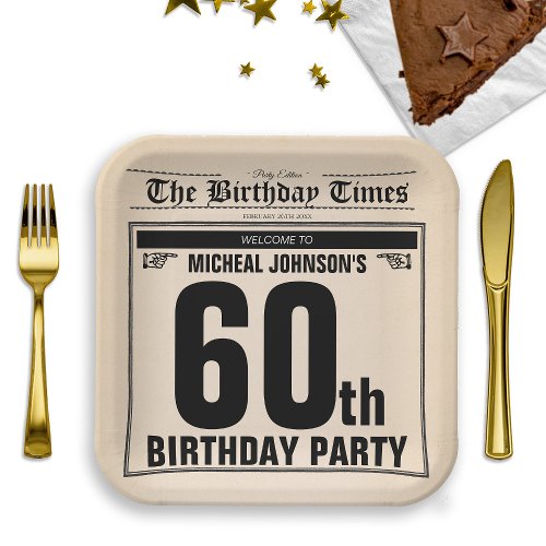 60th Birthday Classic Vintage Old Newspaper Custom Paper Plates