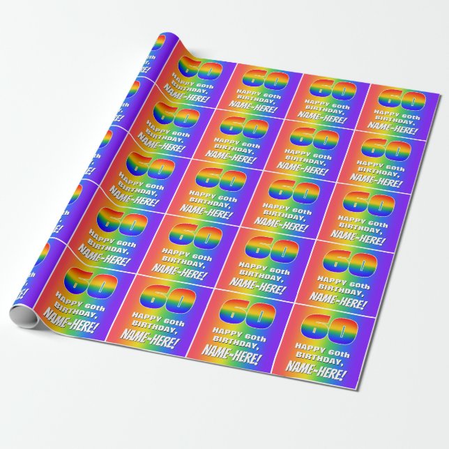 60th Birthday: Colorful, Fun Rainbow Pattern # 60 Wrapping Paper (Unrolled)