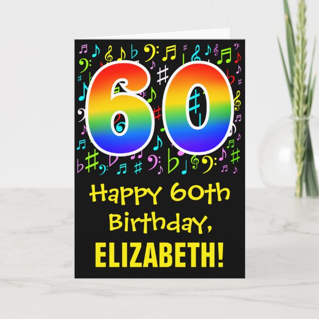 60th Birthday: Colorful Music Symbols + Rainbow 60 Card (Front)