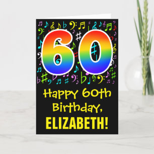 60th Birthday: Colorful Music Symbols + Rainbow 60 Card