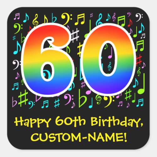 60th Birthday Colorful Music Symbols Rainbow 60 Square Sticker