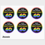 [ Thumbnail: 60th Birthday: Colorful Rainbow # 60, Custom Name Round Sticker ]