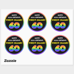 60th Birthday: Colorful Rainbow # 60, Custom Name Classic Round Sticker