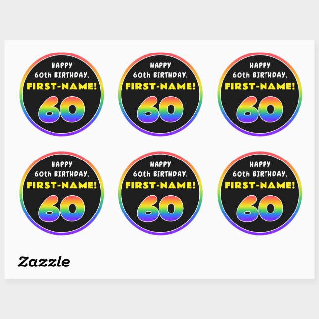 60th Birthday: Colorful Rainbow # 60, Custom Name Classic Round Sticker (Sheet)