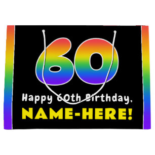 60th Birthday: Colorful Rainbow # 60, Custom Name Large Gift Bag