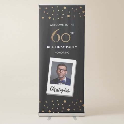 60th Birthday Confetti Black gold Custom Photo  Retractable Banner