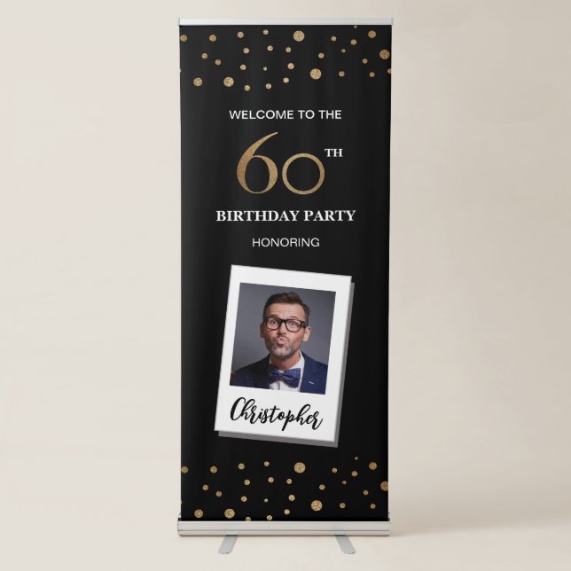 60th Birthday Confetti Black gold Custom Photo  Retractable Banner (Front)