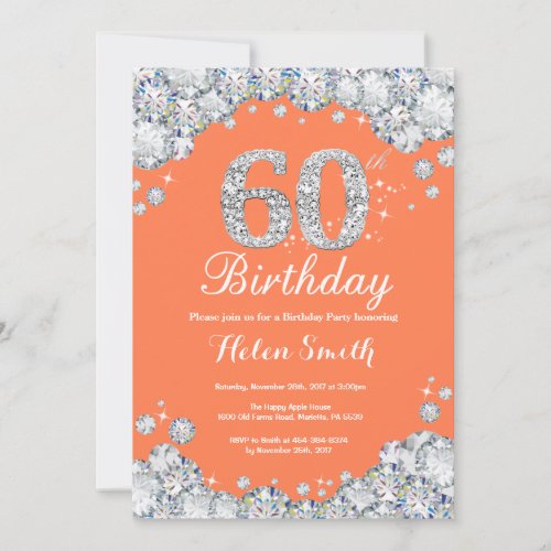 60th Birthday Coral and Silver Diamond Invitation