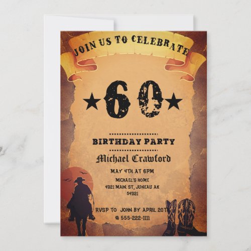 60th birthday cowboy old paper horse riding party invitation