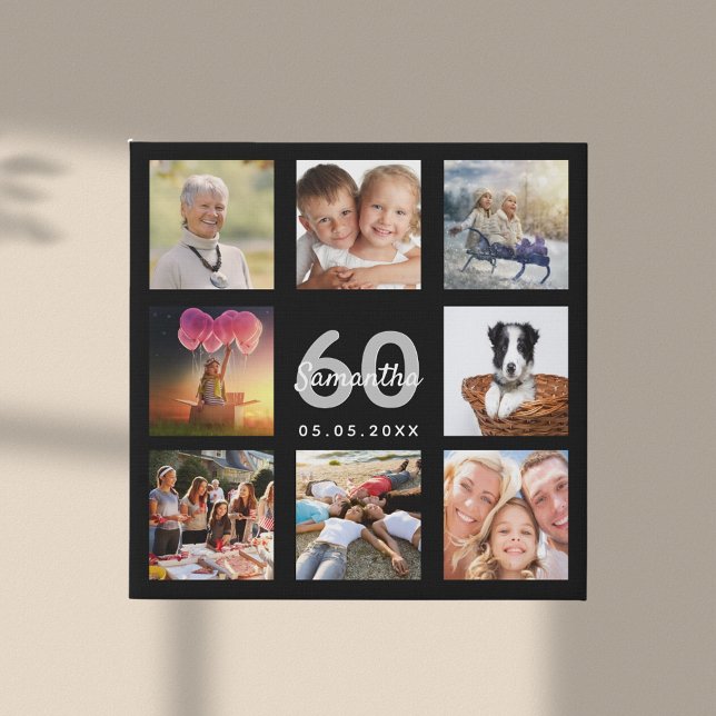 60th birthday custom photo collage black monogram faux canvas print (Creator Uploaded)