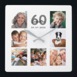 60th birthday custom photo collage family square wall clock<br><div class="desc">A wall clock as a gift for a 60th birthday for a woman, celebrating her life with a collage of 7 of your photos. Personalize and add a name, age 60 and a date. Date of birth or the date of the anniversary. Black and gray colored letters. A chic white...</div>