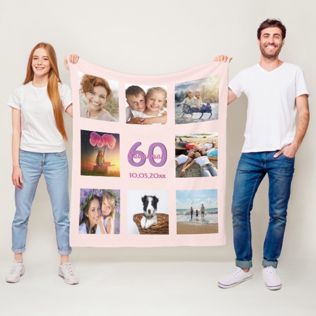 60th birthday custom photo collage rose gold pink fleece blanket (In Situ)