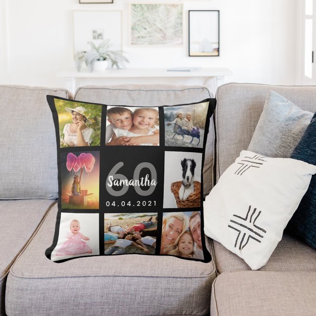 60th birthday custom photo collage woman black throw pillow (Creator Uploaded)