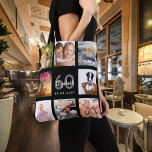 60th birthday custom photo collage woman black tote bag<br><div class="desc">A unique gift for a woman's 60th birthday, celebrating her life with a collage of 8 of your own photos, pictures. Personalize and add her name, age 60 and a date. A chic black background. Gray and white letters and numbers. The name is written with a modern hand lettered style...</div>