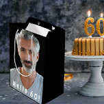 60th birthday custom photo hello 60 guy medium gift bag<br><div class="desc">Template for Your photo.  White text overlay: Hello 60!  A gift bag for a 60th birthday party for him.  Black bacground color.</div>