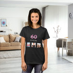 60th birthday custom photo pink monogram woman T-Shirt<br><div class="desc">For a 60th birthday as a gift or for the party. A collage of 3 of your photos of herself friends,  family,  interest or pets.  Personalize and add her name,  age 60 and a date.  Date of birth or the date of the birthday party.  Pink and white colored letters.</div>