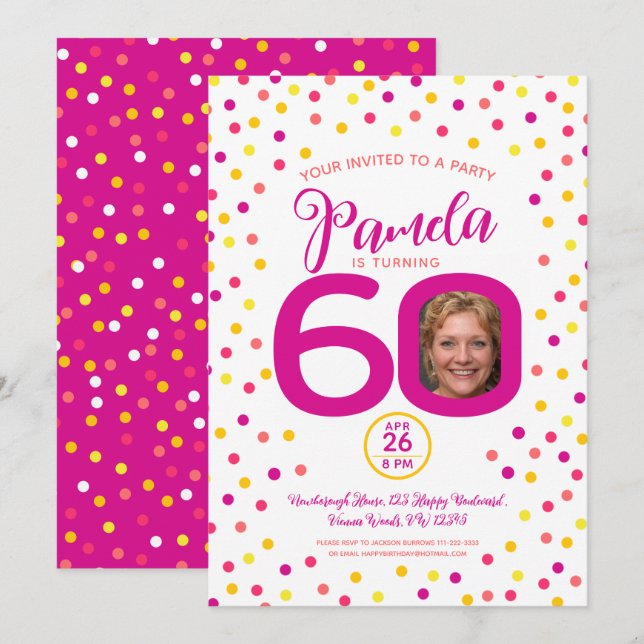 60th birthday custom photo pink yellow confetti invitation (Front/Back)