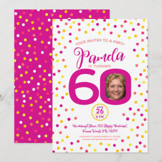 60th birthday custom photo pink yellow confetti invitation