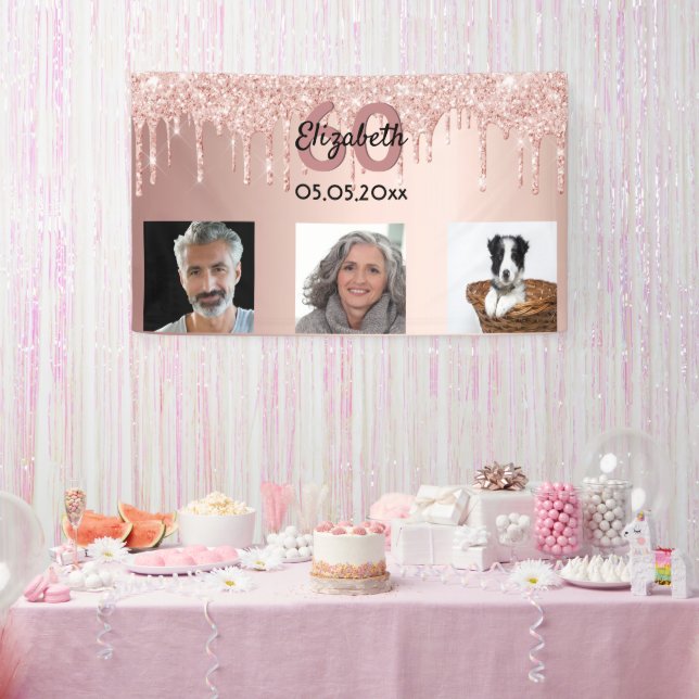 60th birthday custom photo rose gold pink glitter banner (Party)