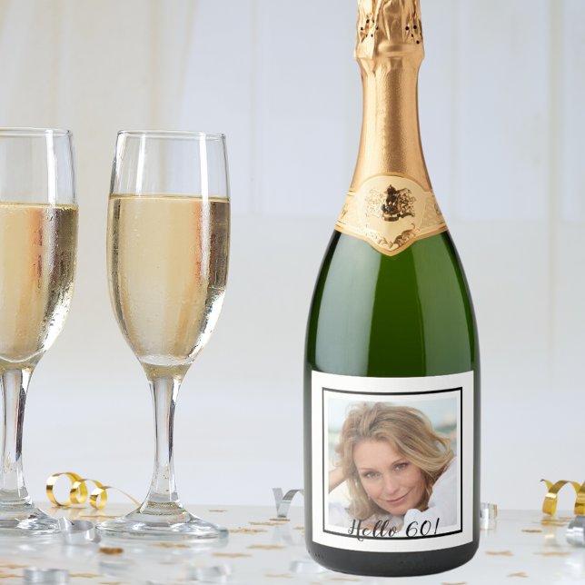 60th birthday custom photo white black sparkling wine label (Creator Uploaded)