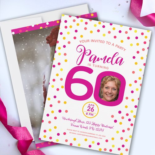 60th birthday custom photos pink yellow confetti invitation