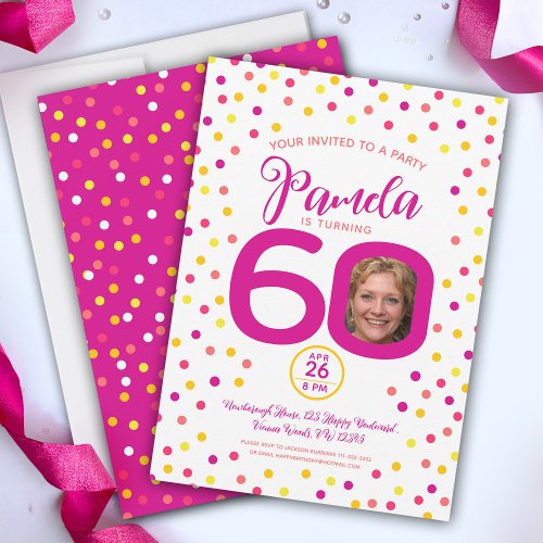 60th birthday custom photos pink yellow confetti invitation