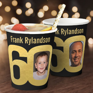 60th birthday custom two photo black and gold paper cups
