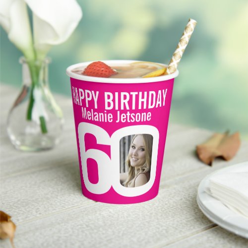 60th birthday custom two photo pink white paper cups