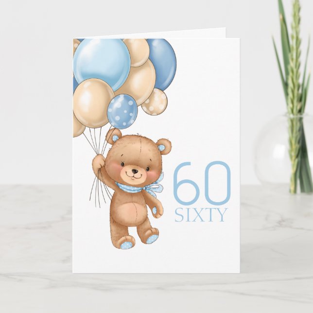 60TH birthday cute blue balloons boy teddy card (Front)