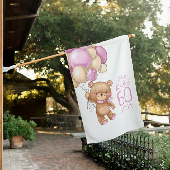 60TH birthday cute pink balloons girl teddy card H House Flag (In SItu)