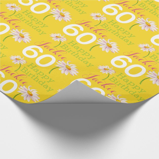 60th birthday daisy flower named yellow gift wrap (Corner)