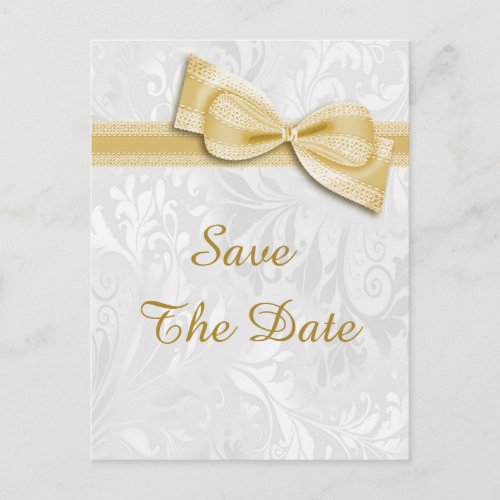 60th Birthday Damask and Faux Bow Save The Date Announcement Postcard